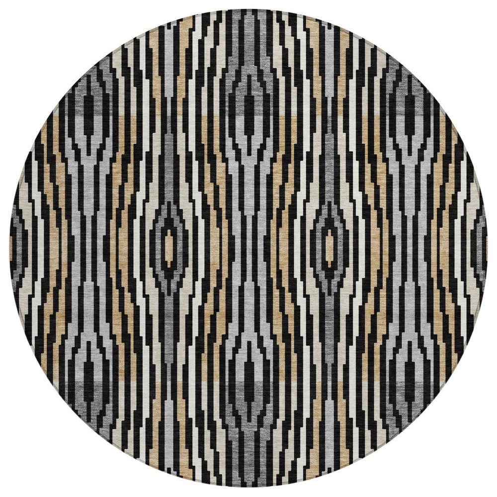 8' Black And Ivory Round Abstract Washable Indoor Outdoor Area Rug HomeRoots
