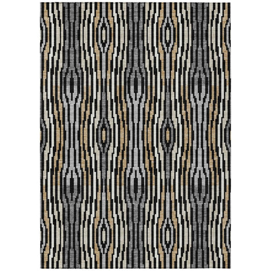 9' X 12' Black And Ivory Abstract Washable Indoor Outdoor Area Rug