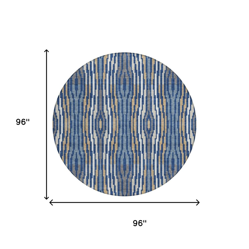 8' Blue And Denim Blue Round Abstract Washable Indoor Outdoor Area Rug HomeRoots