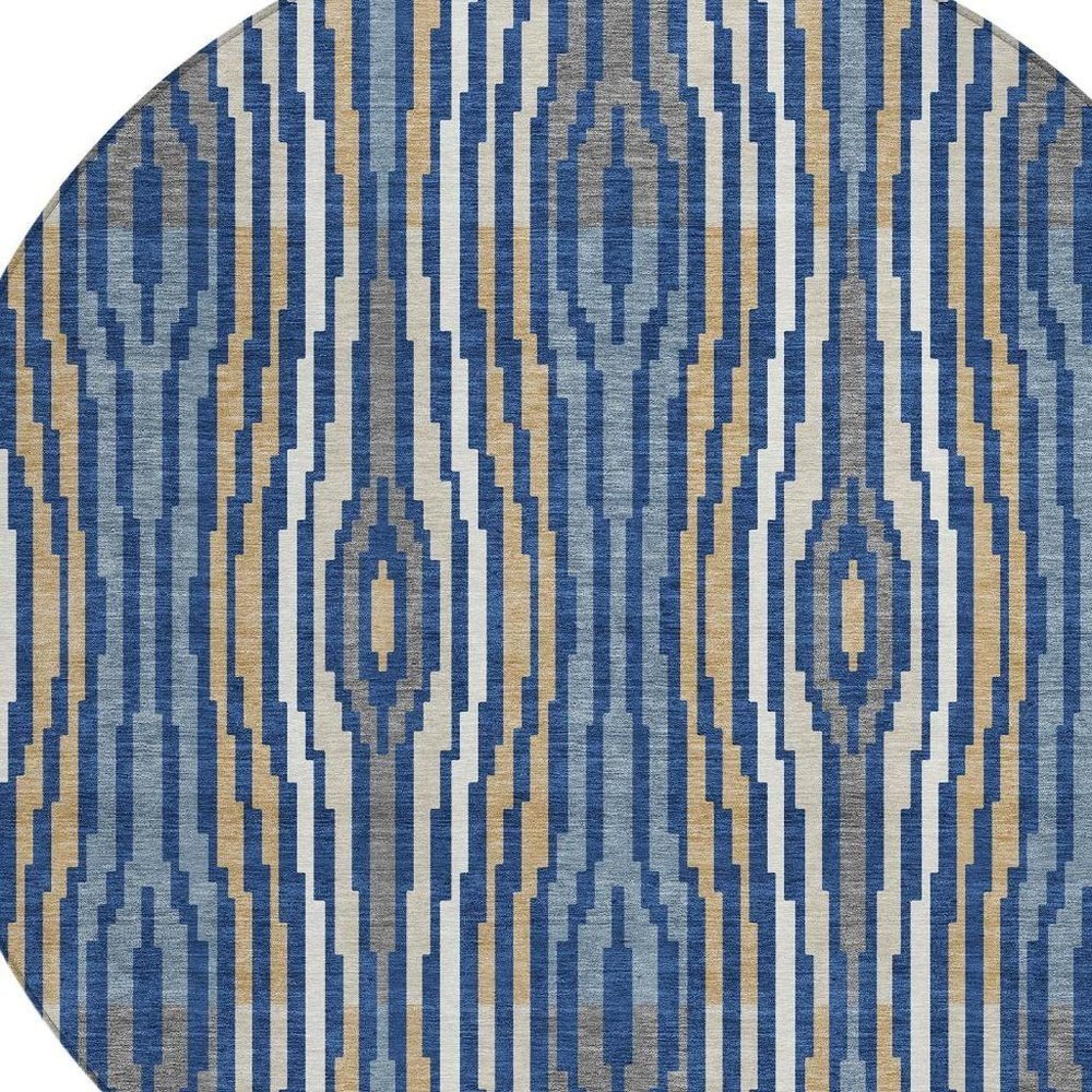 8' Blue And Denim Blue Round Abstract Washable Indoor Outdoor Area Rug HomeRoots