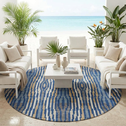 8' Blue And Denim Blue Round Abstract Washable Indoor Outdoor Area Rug HomeRoots