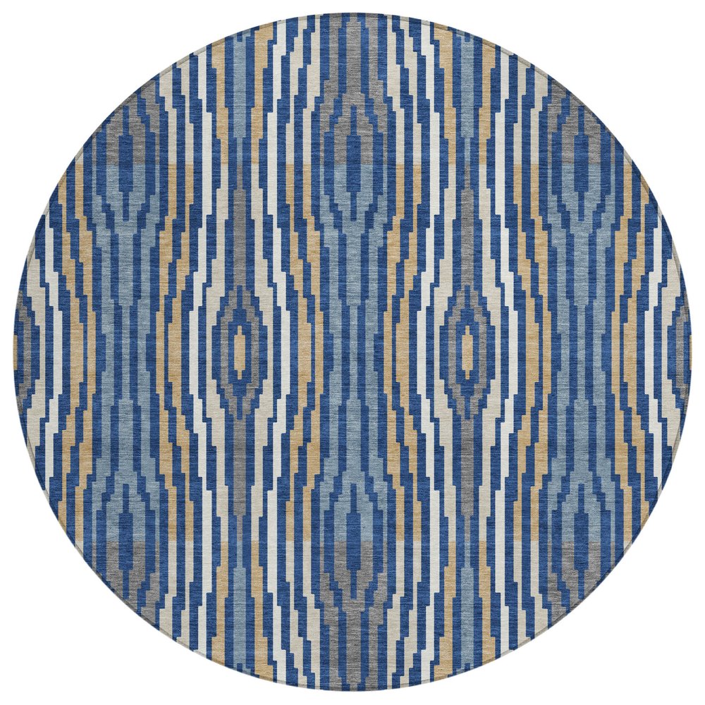 8' Blue And Denim Blue Round Abstract Washable Indoor Outdoor Area Rug HomeRoots