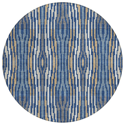 8' Blue And Denim Blue Round Abstract Washable Indoor Outdoor Area Rug HomeRoots