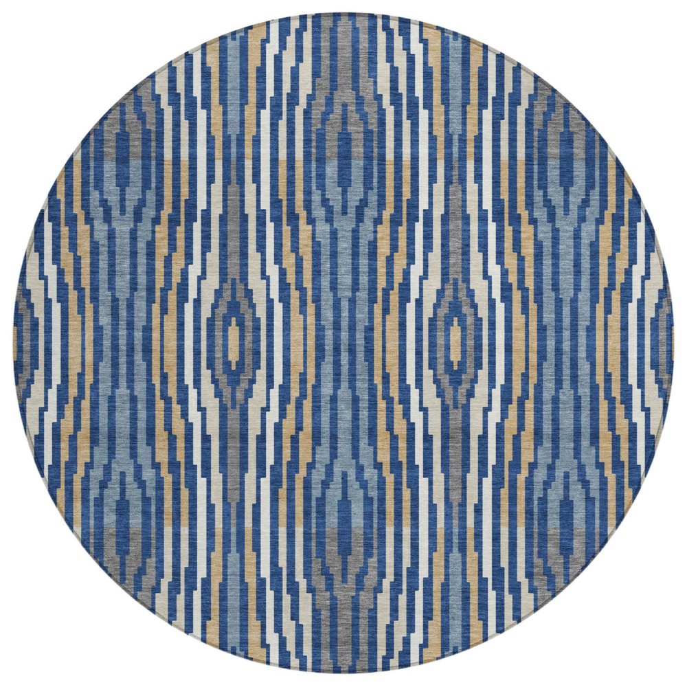8' Blue And Denim Blue Round Abstract Washable Indoor Outdoor Area Rug HomeRoots