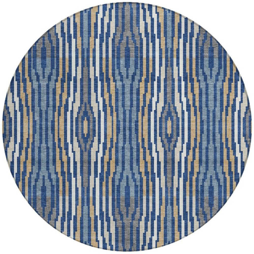 8' Blue And Denim Blue Round Abstract Washable Indoor Outdoor Area Rug HomeRoots