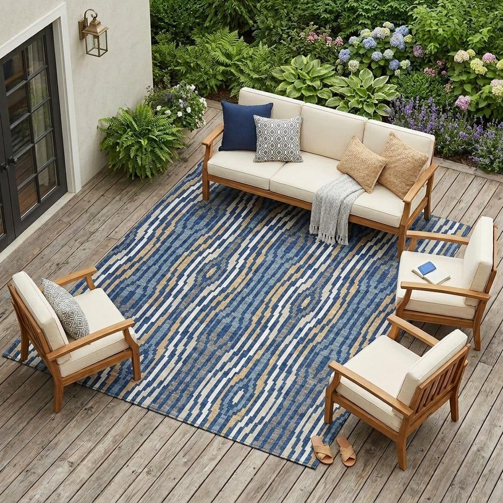 10' X 14' Blue And Denim Blue Abstract Washable Indoor Outdoor Area Rug HomeRoots