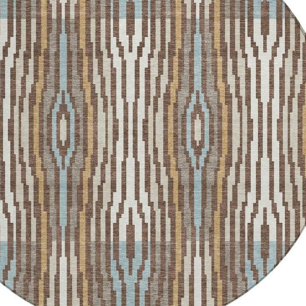 8' Chocolate And Aqua Round Abstract Washable Indoor Outdoor Area Rug HomeRoots