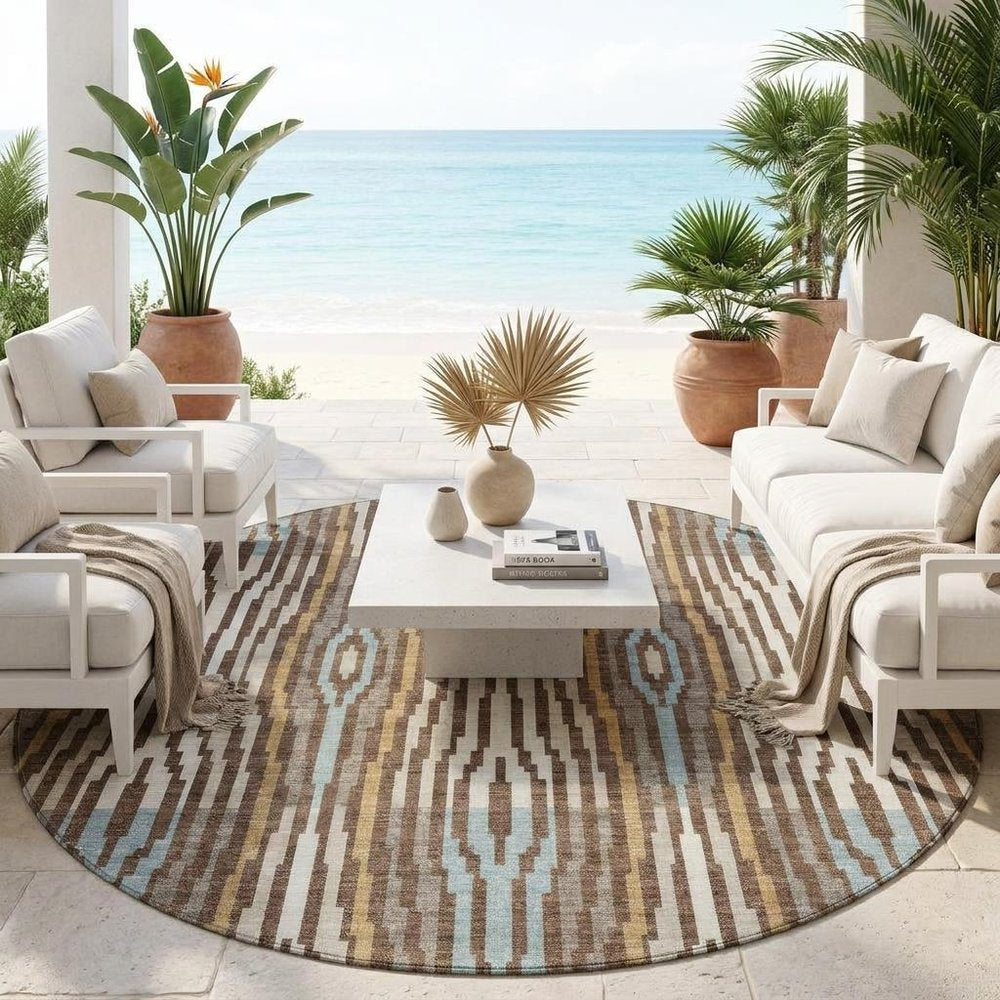 8' Chocolate And Aqua Round Abstract Washable Indoor Outdoor Area Rug HomeRoots
