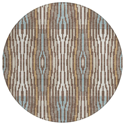 8' Chocolate And Aqua Round Abstract Washable Indoor Outdoor Area Rug