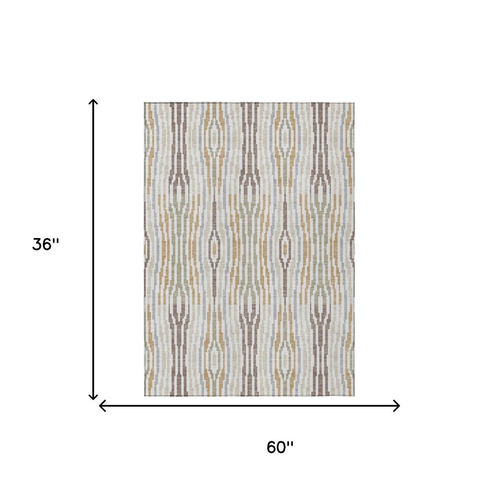 3' X 5' Ivory And Brown Abstract Washable Indoor Outdoor Area Rug