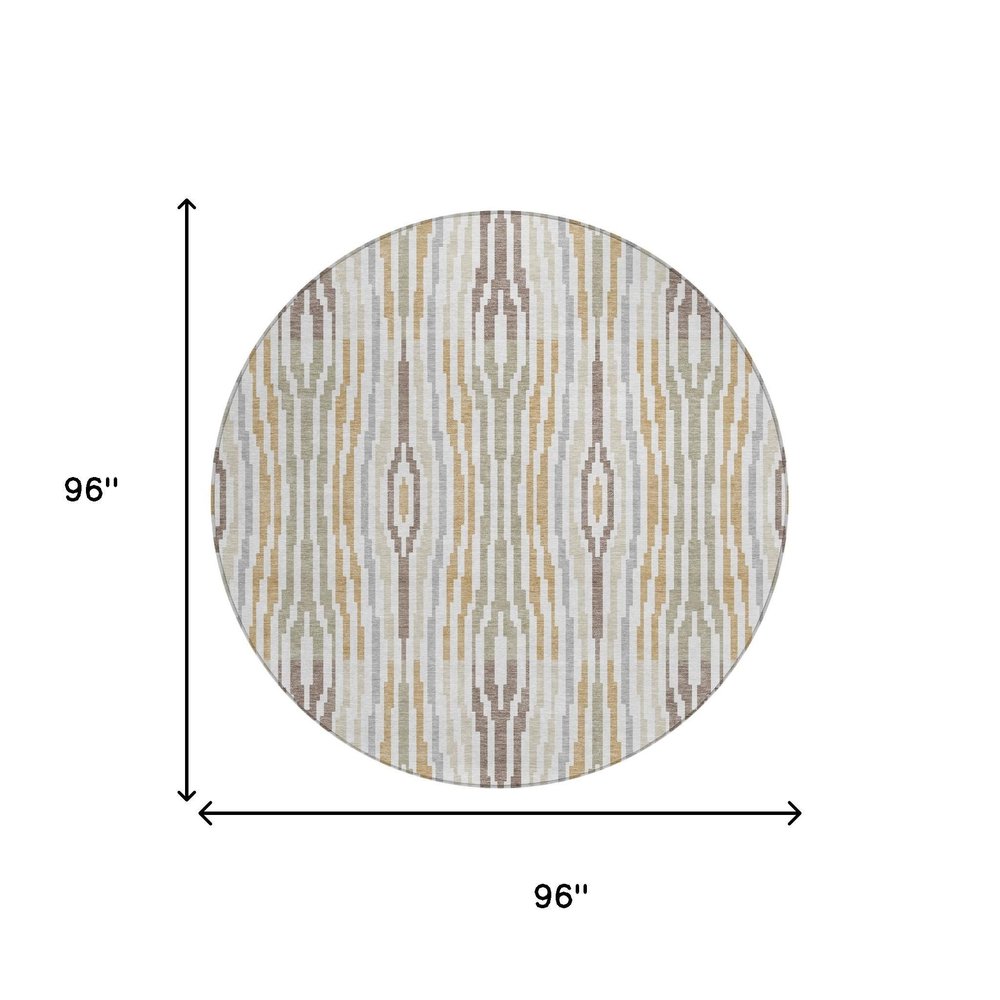 8' Ivory And Brown Round Abstract Washable Indoor Outdoor Area Rug