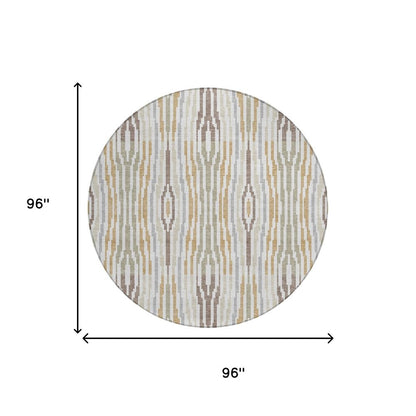 8' Ivory And Brown Round Abstract Washable Indoor Outdoor Area Rug
