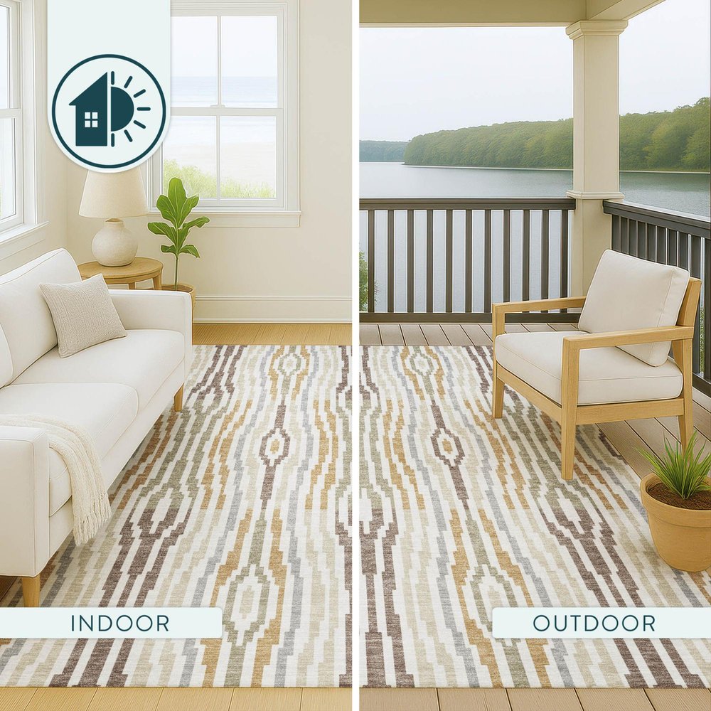 8' Ivory And Brown Round Abstract Washable Indoor Outdoor Area Rug
