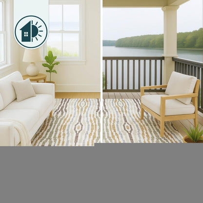 8' Ivory And Brown Round Abstract Washable Indoor Outdoor Area Rug