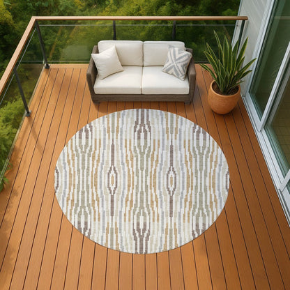 8' Ivory And Brown Round Abstract Washable Indoor Outdoor Area Rug