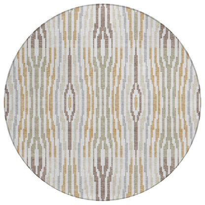 8' Ivory And Brown Round Abstract Washable Indoor Outdoor Area Rug