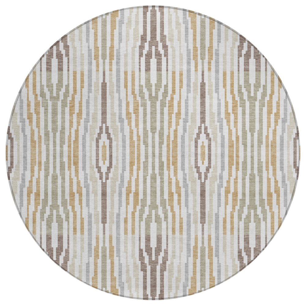 8' Ivory And Brown Round Abstract Washable Indoor Outdoor Area Rug
