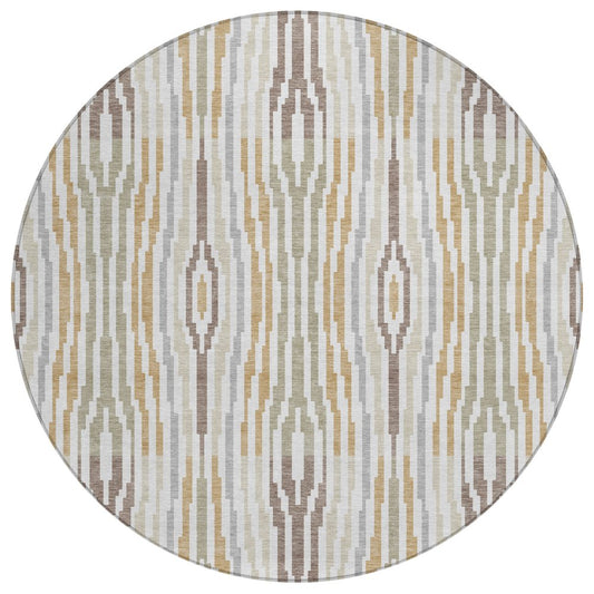 8' Ivory And Brown Round Abstract Washable Indoor Outdoor Area Rug