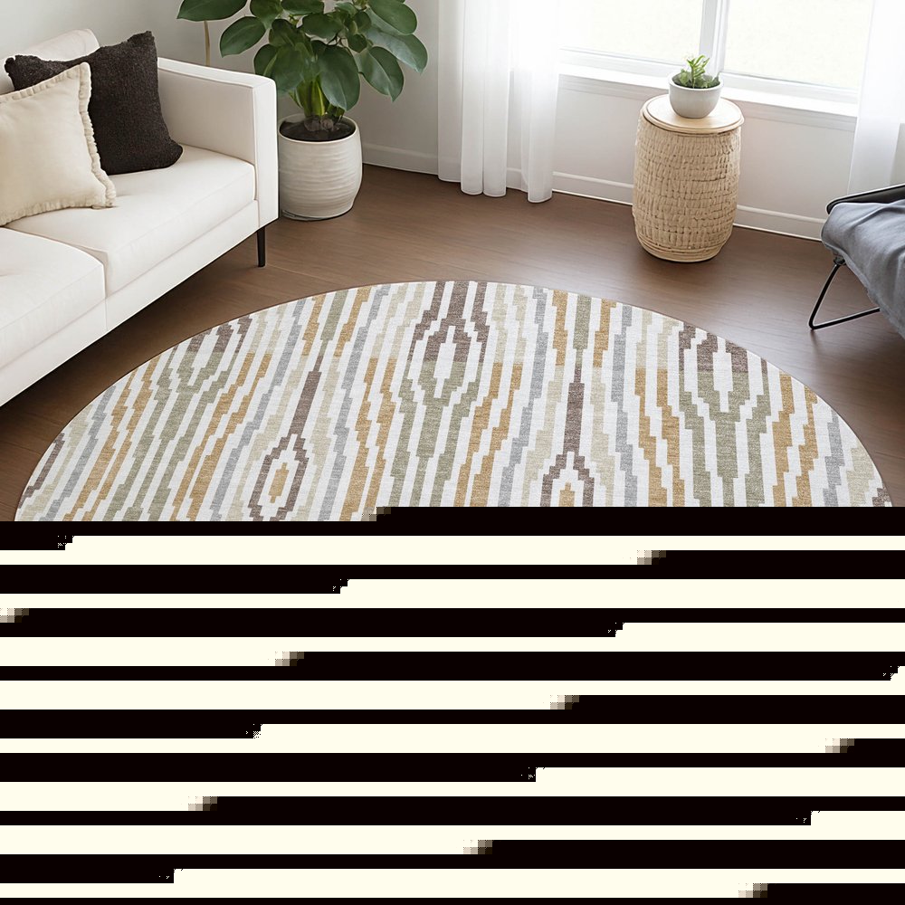 8' Ivory And Brown Round Abstract Washable Indoor Outdoor Area Rug