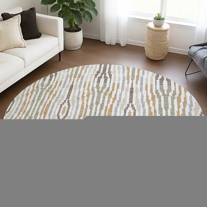 8' Ivory And Brown Round Abstract Washable Indoor Outdoor Area Rug