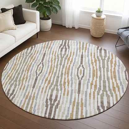 8' Ivory And Brown Round Abstract Washable Indoor Outdoor Area Rug