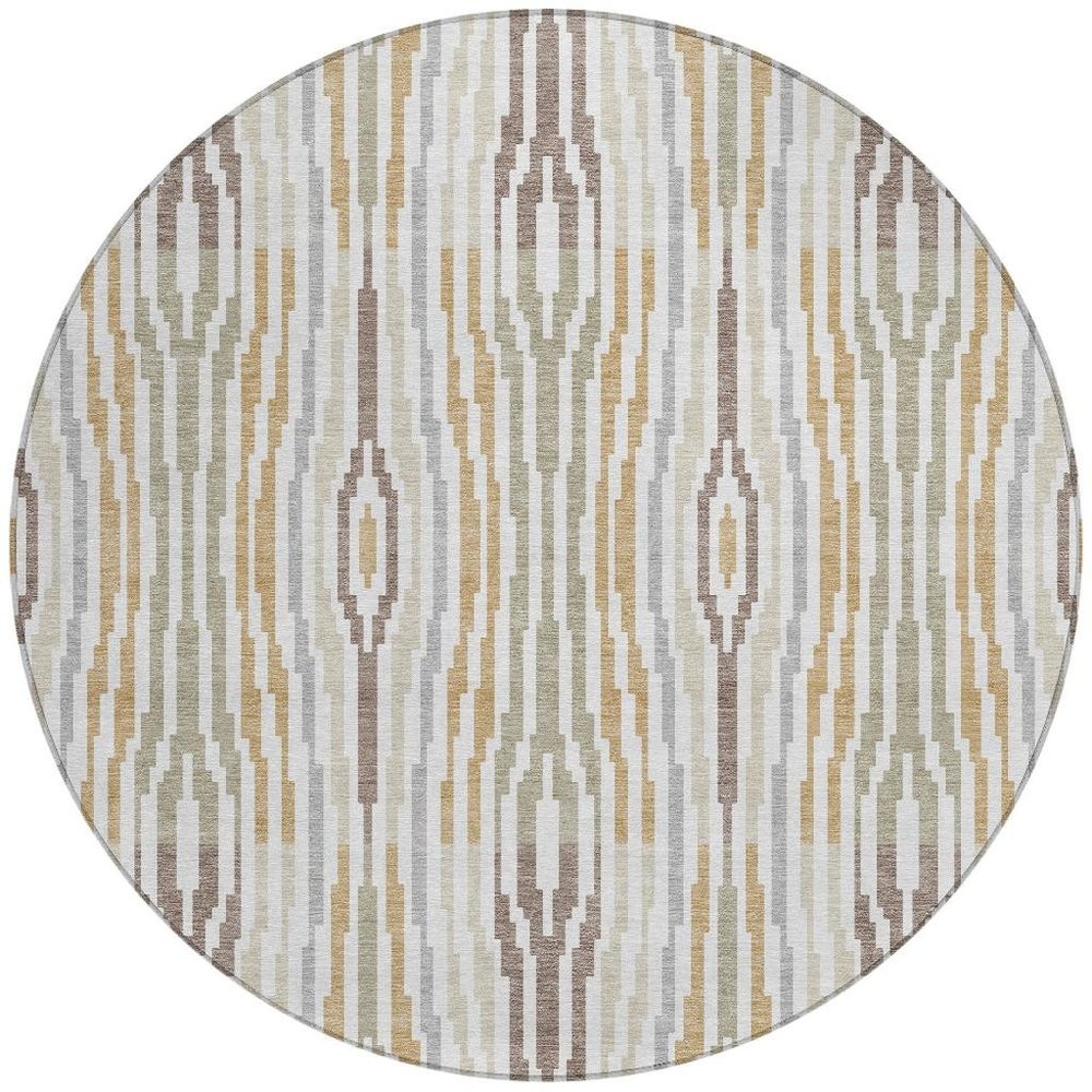 8' Ivory And Brown Round Abstract Washable Indoor Outdoor Area Rug