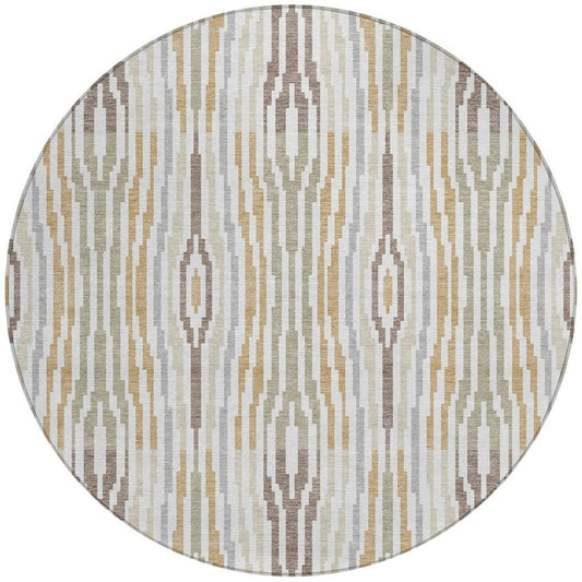8' Ivory And Brown Round Abstract Washable Indoor Outdoor Area Rug