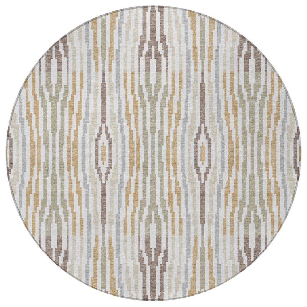 8' Ivory And Brown Round Abstract Washable Indoor Outdoor Area Rug