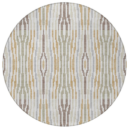 8' Ivory And Brown Round Abstract Washable Indoor Outdoor Area Rug