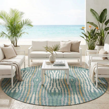 8' Teal Blue And Aqua Round Abstract Washable Indoor Outdoor Area Rug HomeRoots