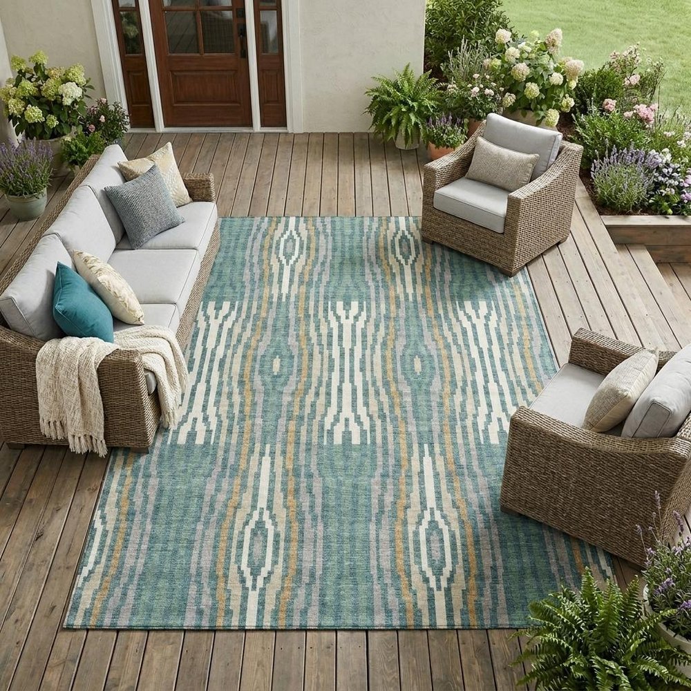 10' X 14' Teal Blue And Aqua Abstract Washable Indoor Outdoor Area Rug