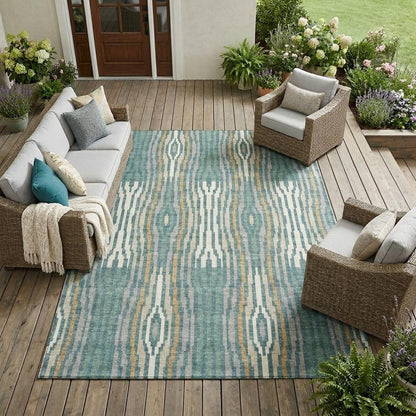 10' X 14' Teal Blue And Aqua Abstract Washable Indoor Outdoor Area Rug