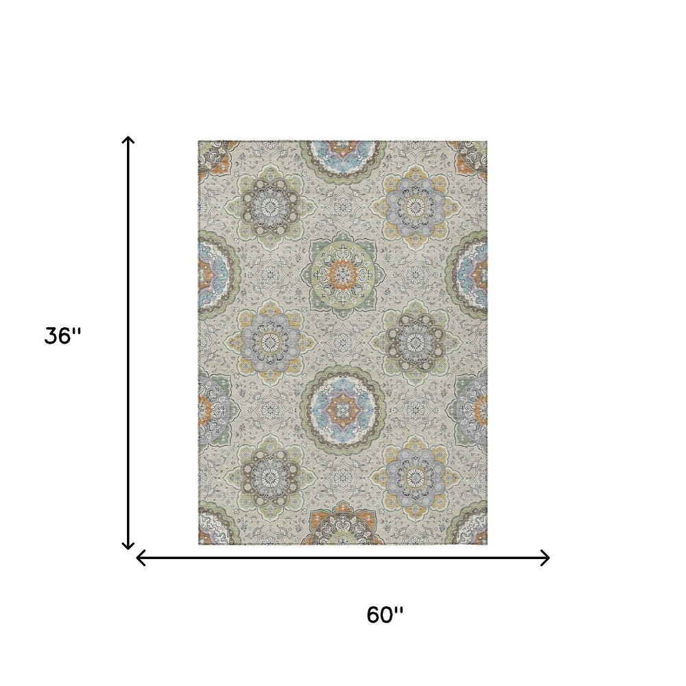3' X 5' Beige And Brown Floral Medallion Washable Indoor Outdoor Area Rug HomeRoots