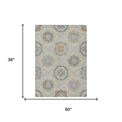 3' X 5' Beige And Brown Floral Medallion Washable Indoor Outdoor Area Rug HomeRoots