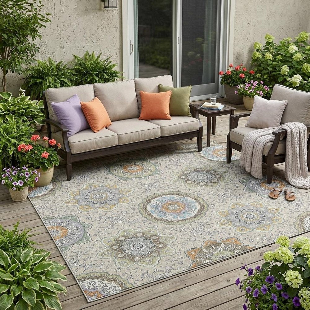 5' X 8' Beige And Brown Floral Medallion Washable Indoor Outdoor Area Rug HomeRoots