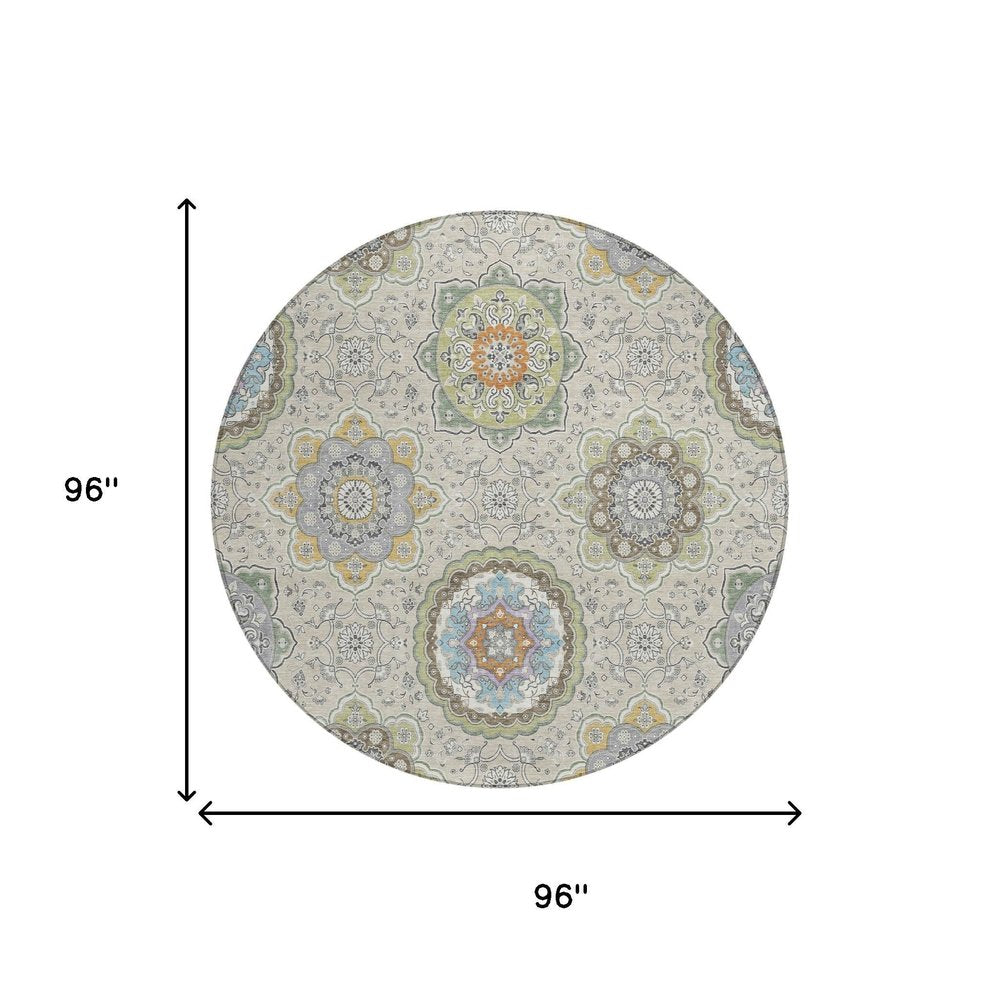8' Beige And Brown Round Floral Medallion Washable Indoor Outdoor Area Rug HomeRoots