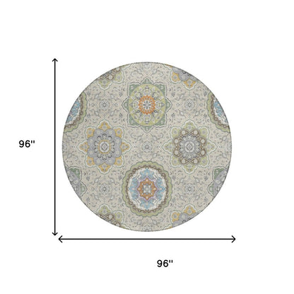 8' Beige And Brown Round Floral Medallion Washable Indoor Outdoor Area Rug HomeRoots