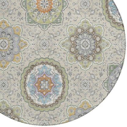 8' Beige And Brown Round Floral Medallion Washable Indoor Outdoor Area Rug HomeRoots