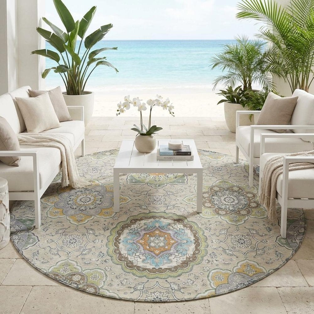 8' Beige And Brown Round Floral Medallion Washable Indoor Outdoor Area Rug HomeRoots