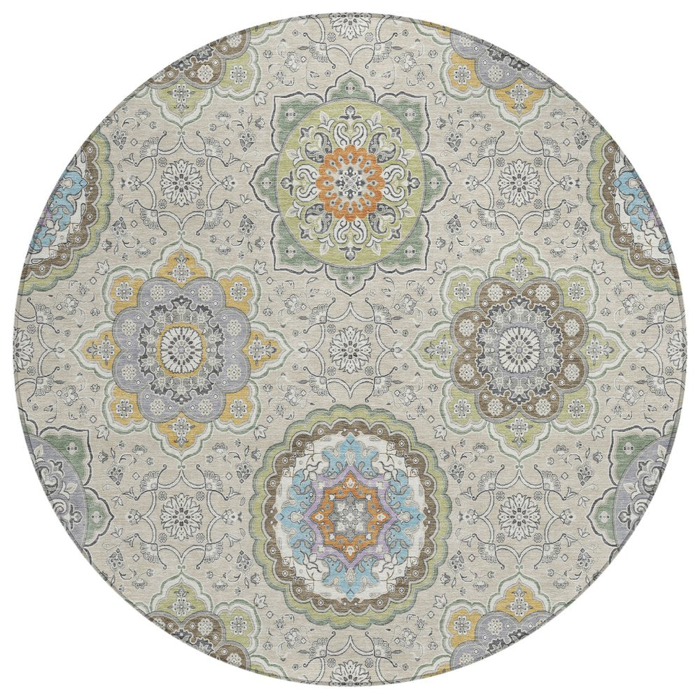 8' Beige And Brown Round Floral Medallion Washable Indoor Outdoor Area Rug HomeRoots