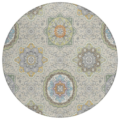 8' Beige And Brown Round Floral Medallion Washable Indoor Outdoor Area Rug HomeRoots