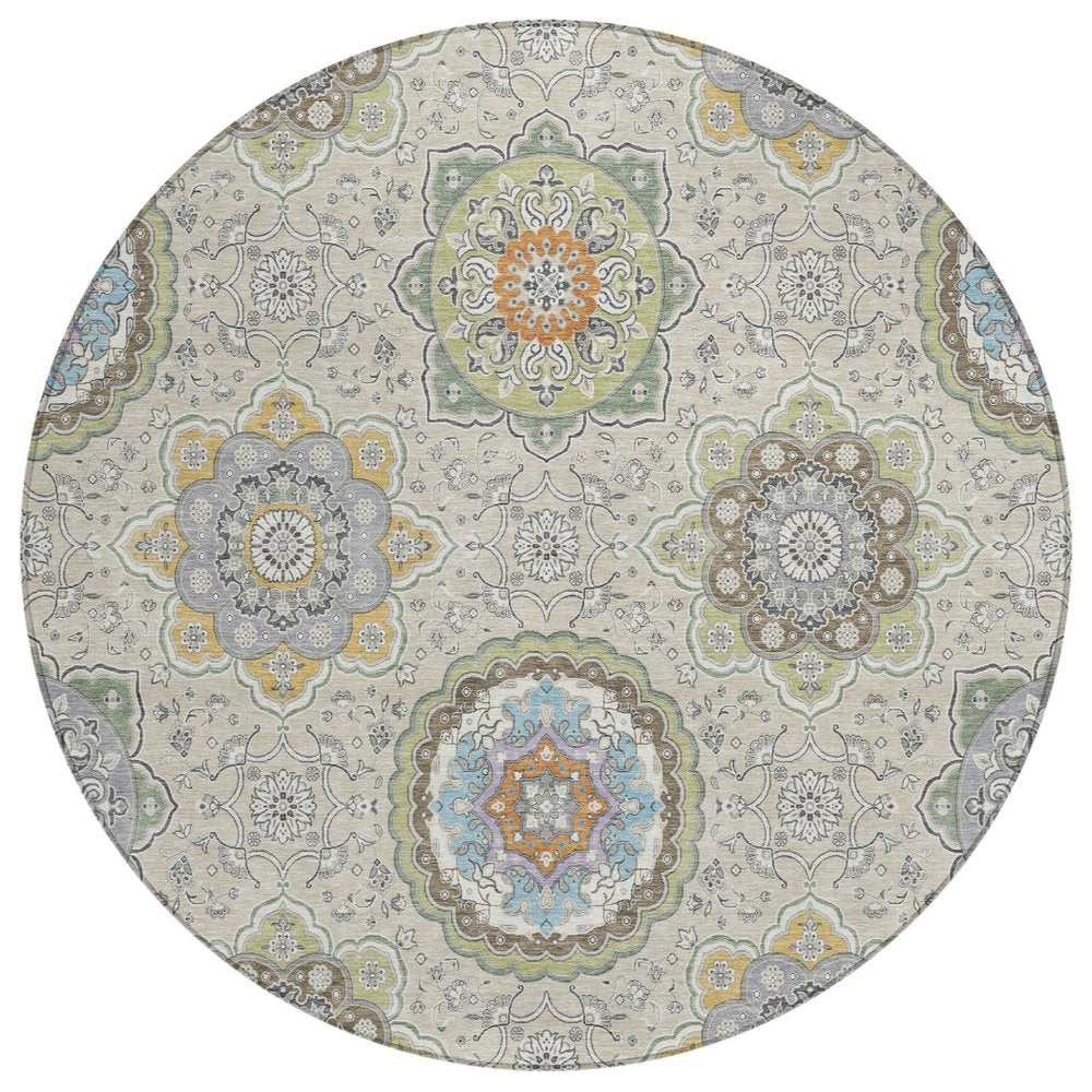 8' Beige And Brown Round Floral Medallion Washable Indoor Outdoor Area Rug HomeRoots