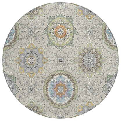 8' Beige And Brown Round Floral Medallion Washable Indoor Outdoor Area Rug HomeRoots
