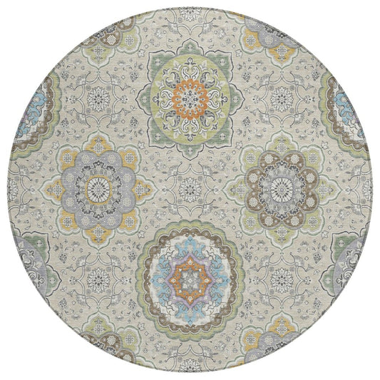 8' Beige And Brown Round Floral Medallion Washable Indoor Outdoor Area Rug HomeRoots