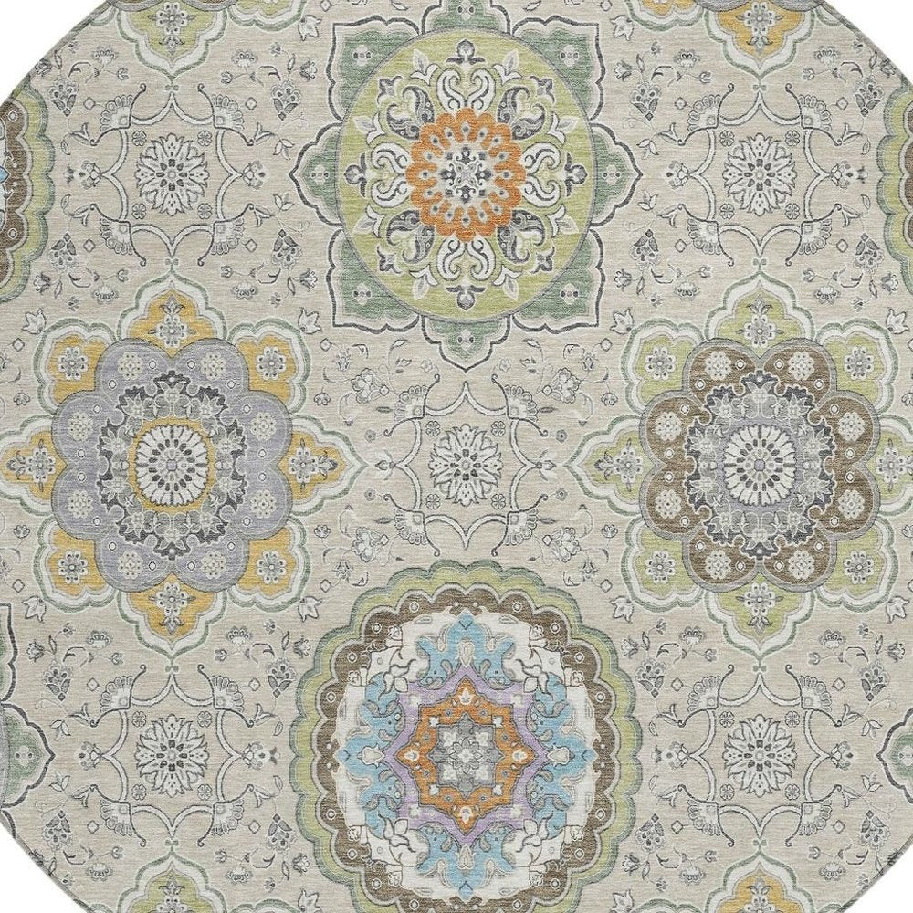 8' Beige And Brown Round Floral Medallion Washable Indoor Outdoor Area Rug HomeRoots