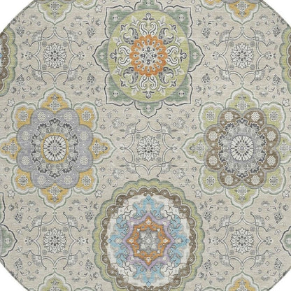 8' Beige And Brown Round Floral Medallion Washable Indoor Outdoor Area Rug HomeRoots