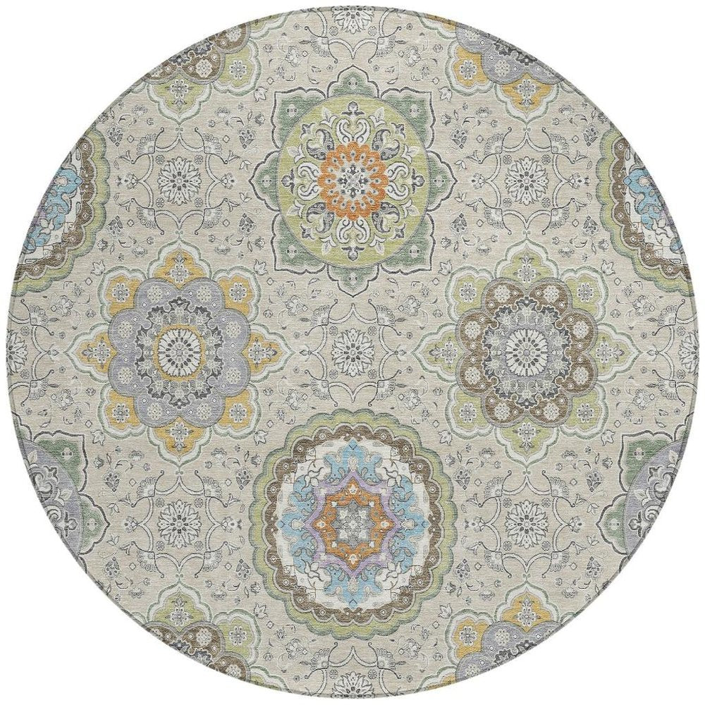 8' Beige And Brown Round Floral Medallion Washable Indoor Outdoor Area Rug HomeRoots
