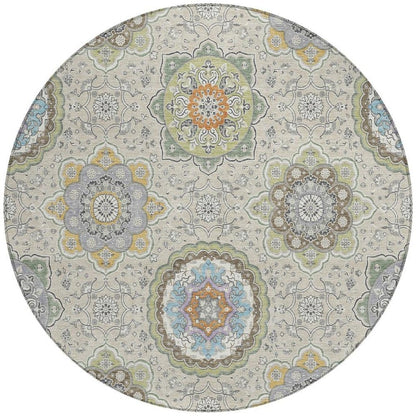8' Beige And Brown Round Floral Medallion Washable Indoor Outdoor Area Rug HomeRoots