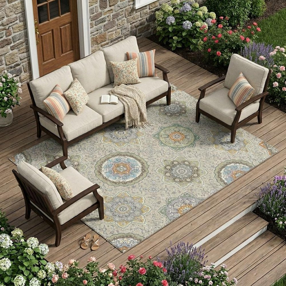 8' X 10' Beige And Brown Floral Medallion Washable Indoor Outdoor Area Rug HomeRoots