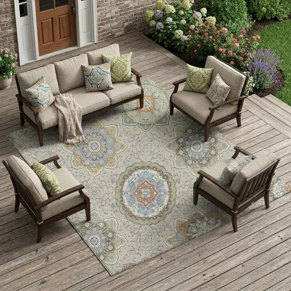 9' X 12' Beige And Brown Floral Medallion Washable Indoor Outdoor Area Rug HomeRoots